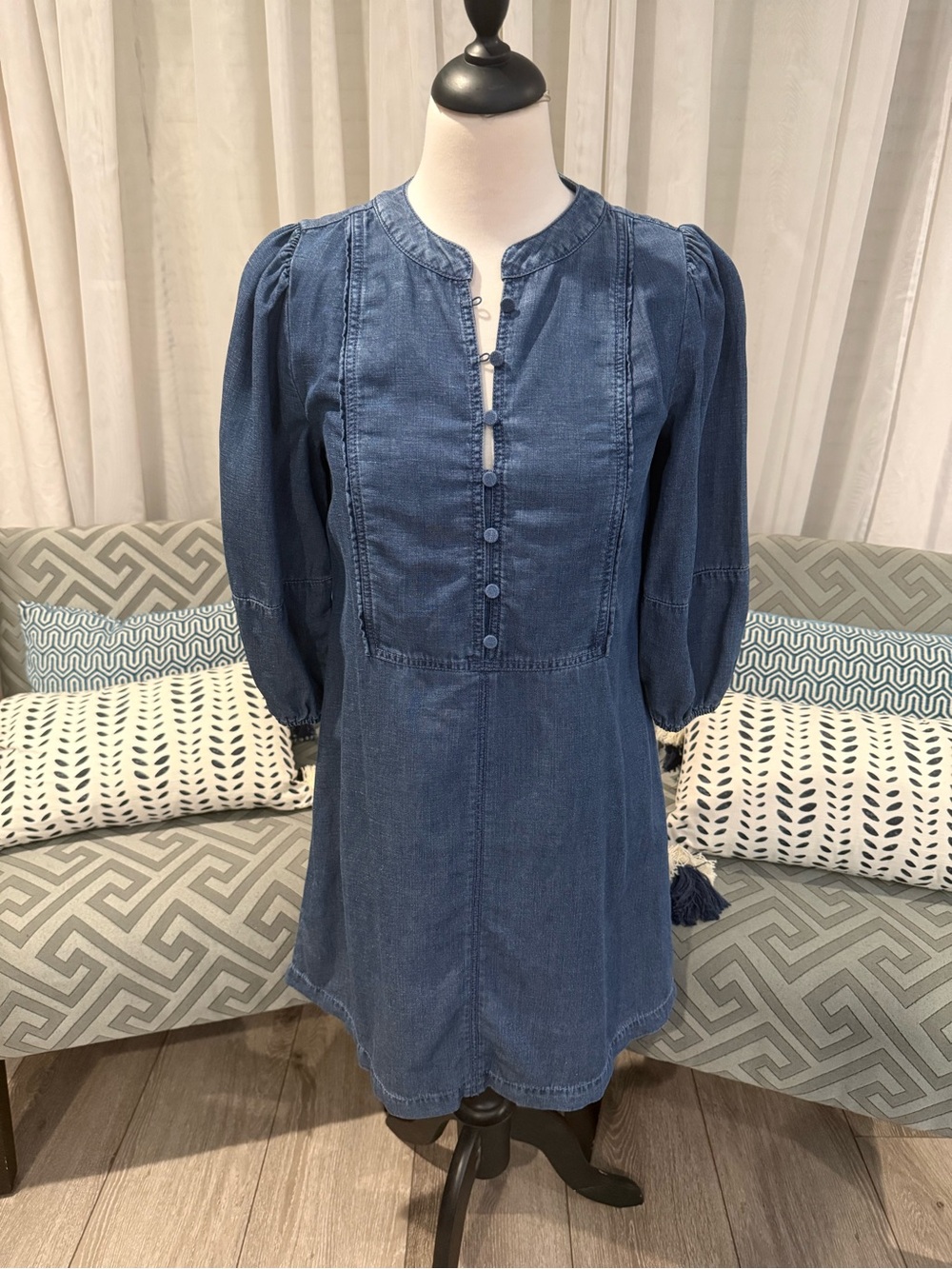 LOFT Indigo Denim Button-Front 3/4 Sleeve Dress